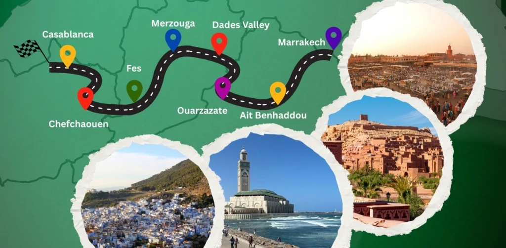5-day Morocco route map: Casablanca → Chefchaouen → Fes → Merzouga → Dades Valley → Ouarzazate → Ait Benhaddou → Marrakech, with photo insets of highlights.