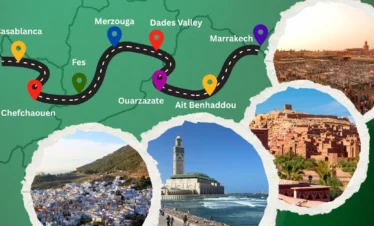 5-day Morocco route map: Casablanca → Chefchaouen → Fes → Merzouga → Dades Valley → Ouarzazate → Ait Benhaddou → Marrakech, with photo insets of highlights.