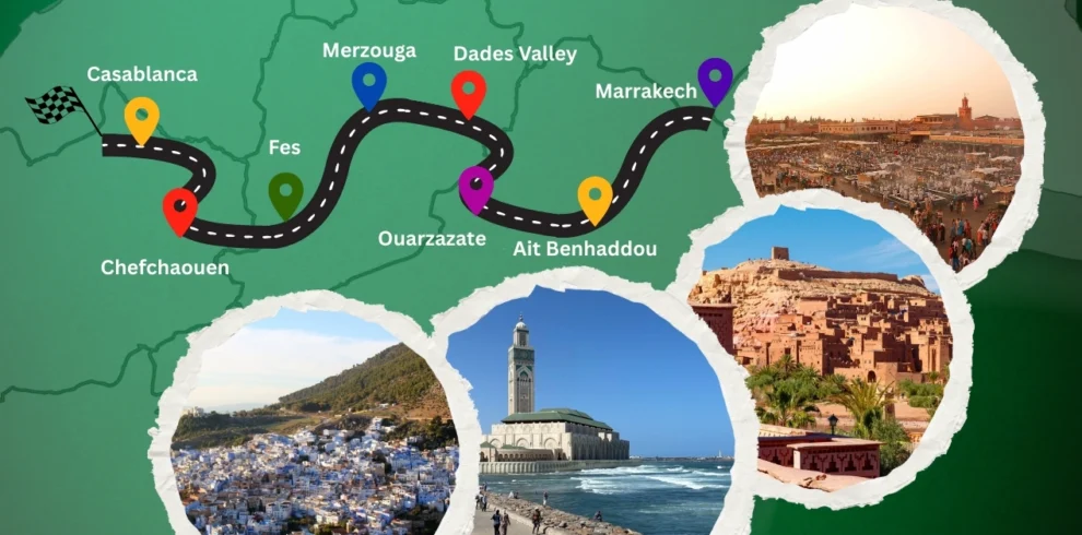 5-day Morocco route map: Casablanca → Chefchaouen → Fes → Merzouga → Dades Valley → Ouarzazate → Ait Benhaddou → Marrakech, with photo insets of highlights.