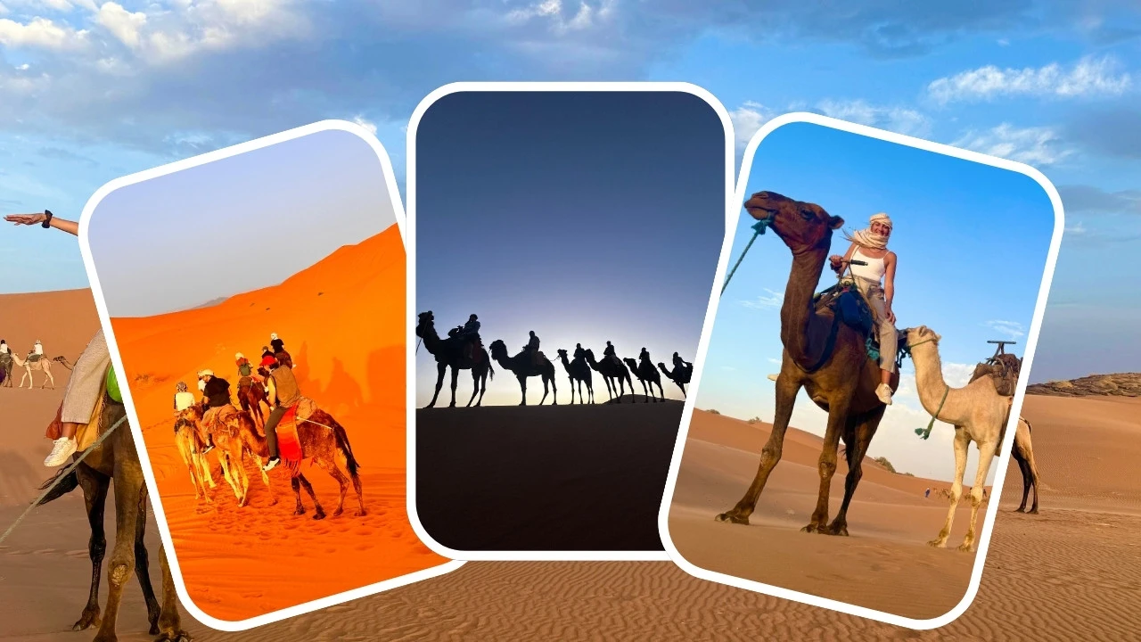Collage of camel rides in Morocco’s Sahara—caravan led by a blue-robed guide, a smiling rider against sunlit dunes, and a lone rider under a bright blue sky.