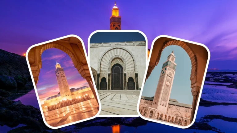 Collage of Casablanca’s Hassan II Mosque—twilight courtyard view, ornate main doorway, and minaret framed by arches—set over a purple sunset shoreline.