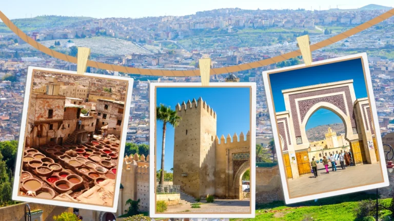 Collage of Fes highlights—Chouara tannery dye pits, fortress walls and gate tower, and an ornate Moorish arch—over a panoramic view of the city.