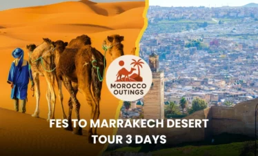 Split promotional banner for Morocco Outings—left, a blue-robed guide leads camels across golden Sahara dunes; right, the Fes medina skyline with a minaret and city walls; center camel-and-palm logo with text: “Fes to Marrakech Desert Tour 3 Days.”