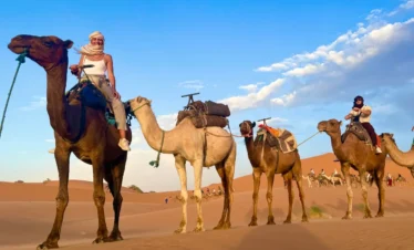 Camel caravan with riders crossing golden Sahara dunes under a bright blue, lightly clouded sky, late afternoon light casting long shadows.