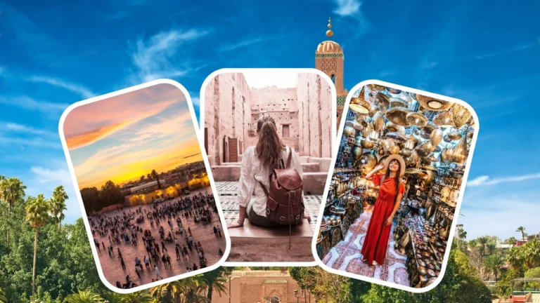 Collage of Marrakech highlights—Jemaa el-Fnaa at sunset, a traveler at El Badi Palace ruins, and a lantern-filled souk—set over palms and the Koutoubia minaret.