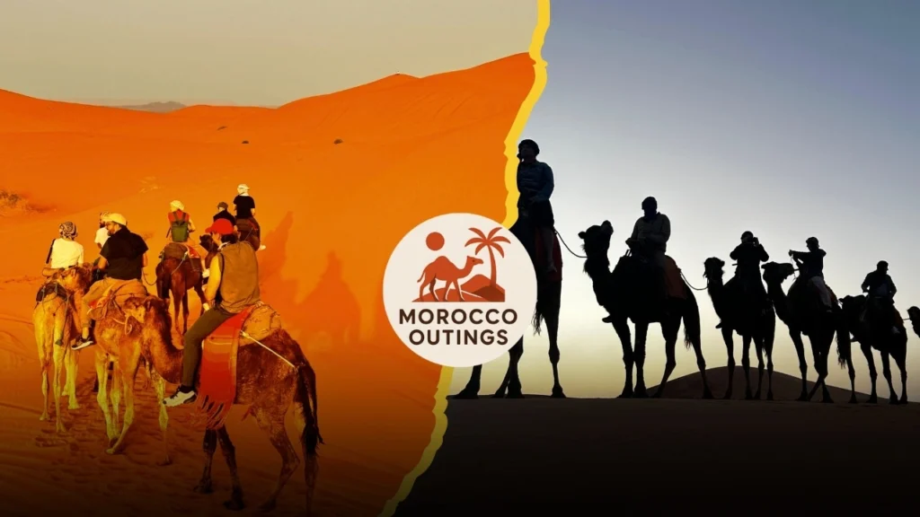 Split image showing a camel caravan on bright orange Sahara dunes by day (left) and silhouetted riders at dusk (right), with the Morocco Outings camel-and-palm logo centered.