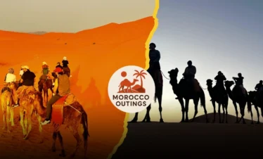 Split image showing a camel caravan on bright orange Sahara dunes by day (left) and silhouetted riders at dusk (right), with the Morocco Outings camel-and-palm logo centered.
