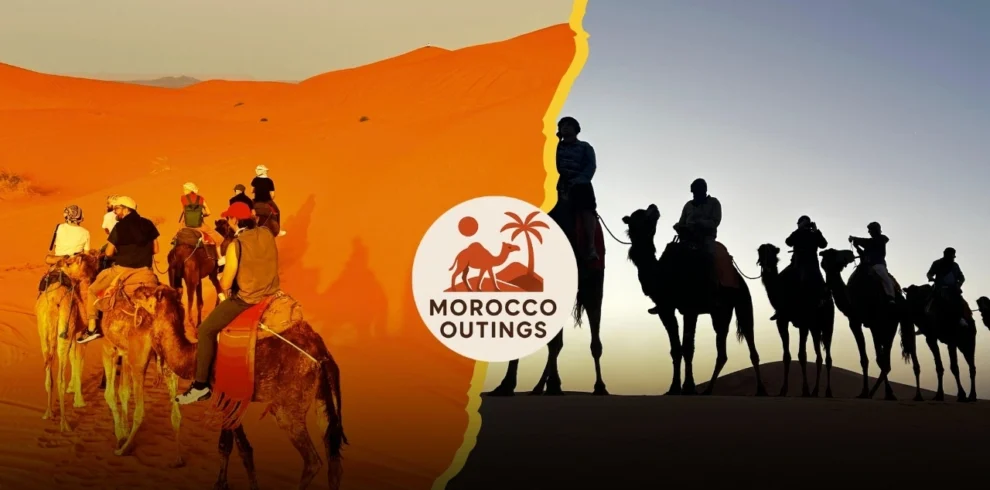 Split image showing a camel caravan on bright orange Sahara dunes by day (left) and silhouetted riders at dusk (right), with the Morocco Outings camel-and-palm logo centered.