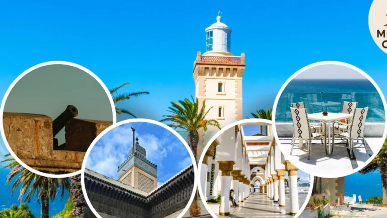 Collage of Tangier highlights—a palm-lined lighthouse, kasbah cannon on ramparts, mosque minaret, arched arcade, and a rooftop café terrace overlooking the Mediterranean.
