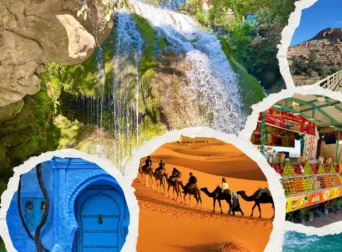 Collage of Moroccan activities: Akchour waterfall, Sahara camel trek, Chefchaouen blue door, Aït Benhaddou, Jemaa el-Fnaa.