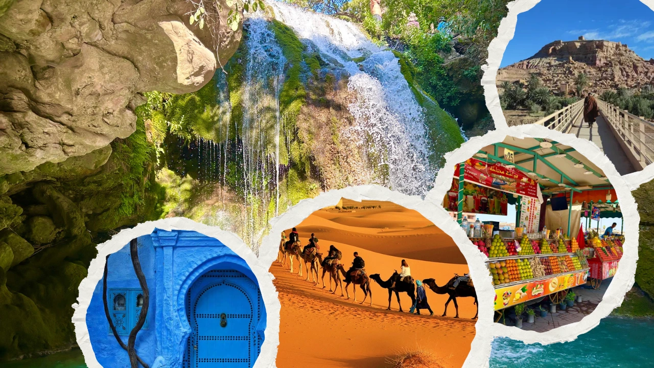 Collage of Moroccan activities: Akchour waterfall, Sahara camel trek, Chefchaouen blue door, Aït Benhaddou, Jemaa el-Fnaa.
