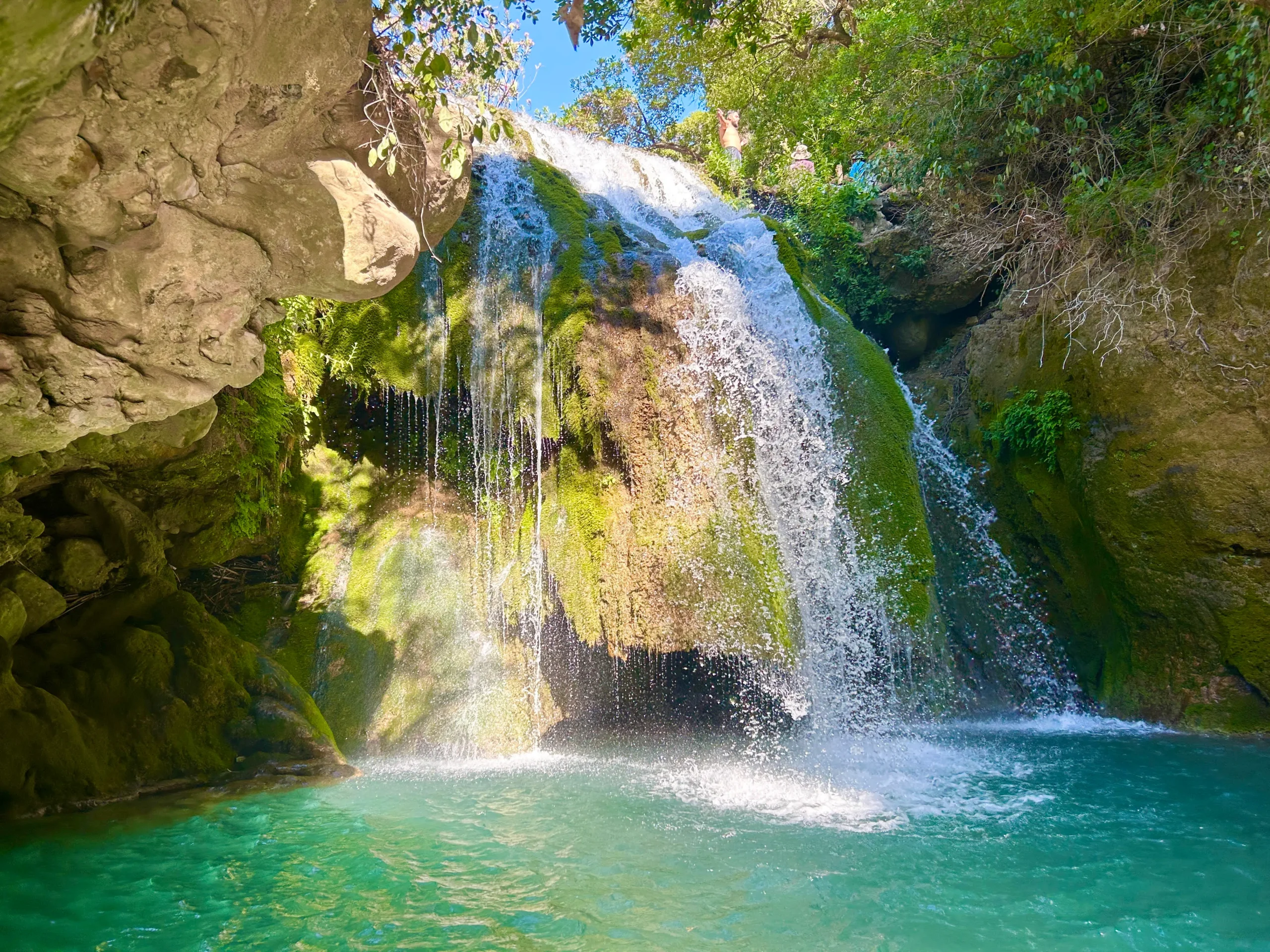 Akchour waterfall near Chefchaouen, Morocco, pouring over mossy rock into a turquoise pool in a shady grotto.