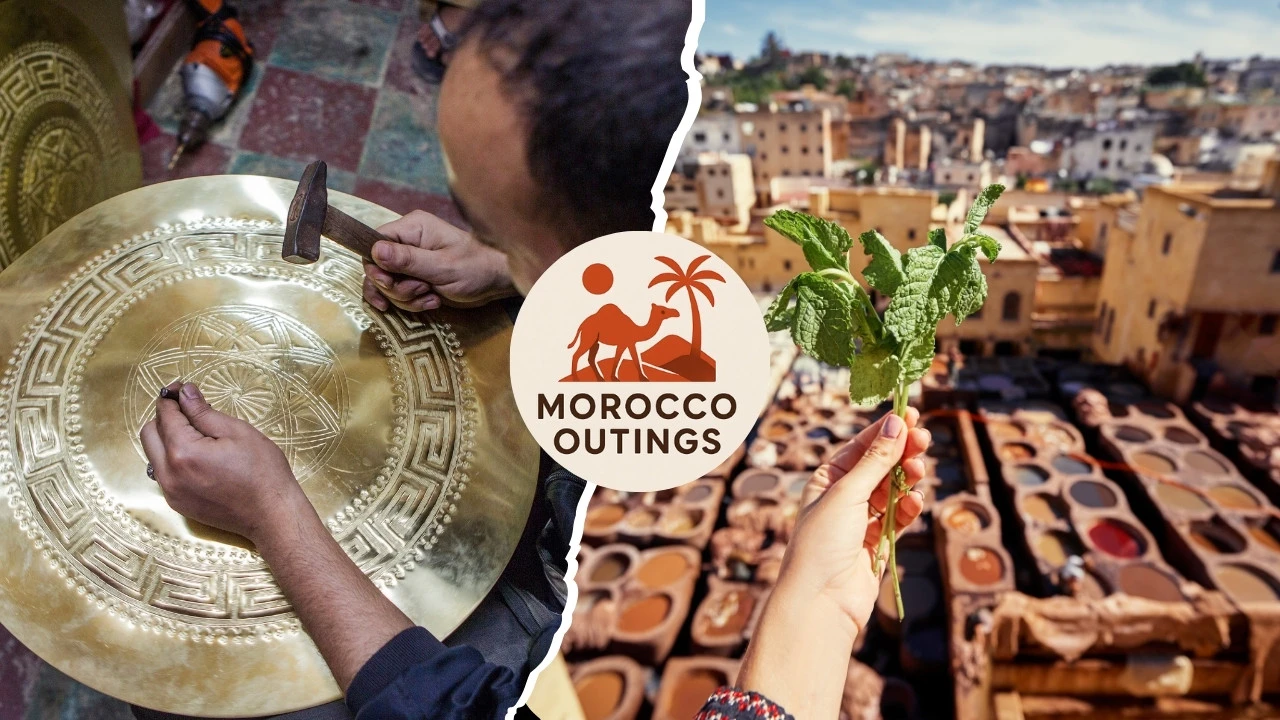 Collage showing a Fes artisan hand-hammering brass and a hand holding fresh mint above the Chouara Tanneries—signature stops on a 2 days Fes itinerary.