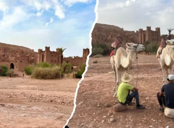 Split image of Ait Benhaddou: left shows the earthen, fortified ksar under a blue sky; right shows two saddled white camels and two local guides seated on stones with the ksar in the background.