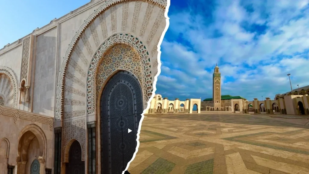 close-up of the mosque’s carved arch and bronze door; right, wide plaza with the minaret and arcades beneath partly cloudy skies.