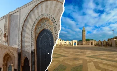 close-up of the mosque’s carved arch and bronze door; right, wide plaza with the minaret and arcades beneath partly cloudy skies.