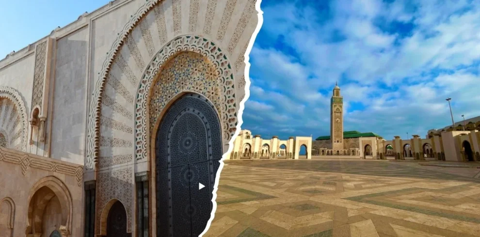 close-up of the mosque’s carved arch and bronze door; right, wide plaza with the minaret and arcades beneath partly cloudy skies.