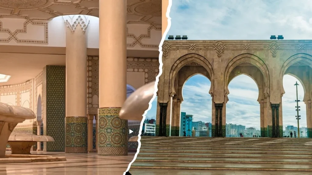 the mosque’s ablution hall with columns and zellij tiles; right, grand exterior arches and steps framing the city skyline.