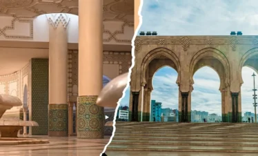 the mosque’s ablution hall with columns and zellij tiles; right, grand exterior arches and steps framing the city skyline.
