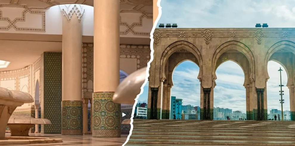 the mosque’s ablution hall with columns and zellij tiles; right, grand exterior arches and steps framing the city skyline.