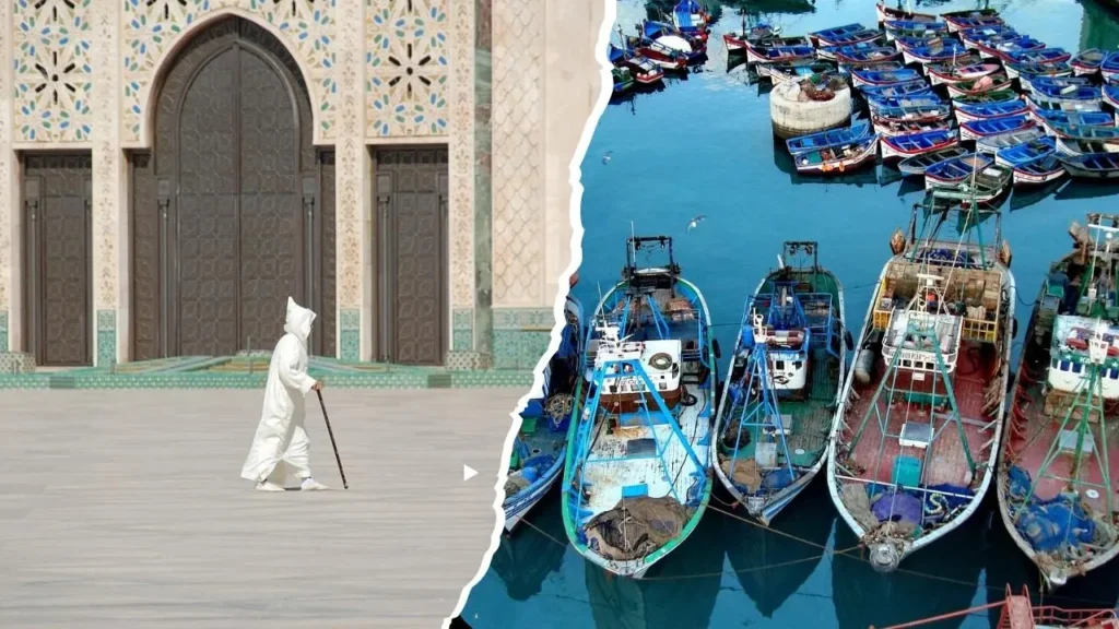 a man in a white djellaba walks past ornate doors of Hassan II Mosque; right, colorful fishing boats packed in Casablanca’s harbor.