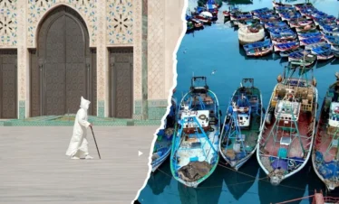 a man in a white djellaba walks past ornate doors of Hassan II Mosque; right, colorful fishing boats packed in Casablanca’s harbor.