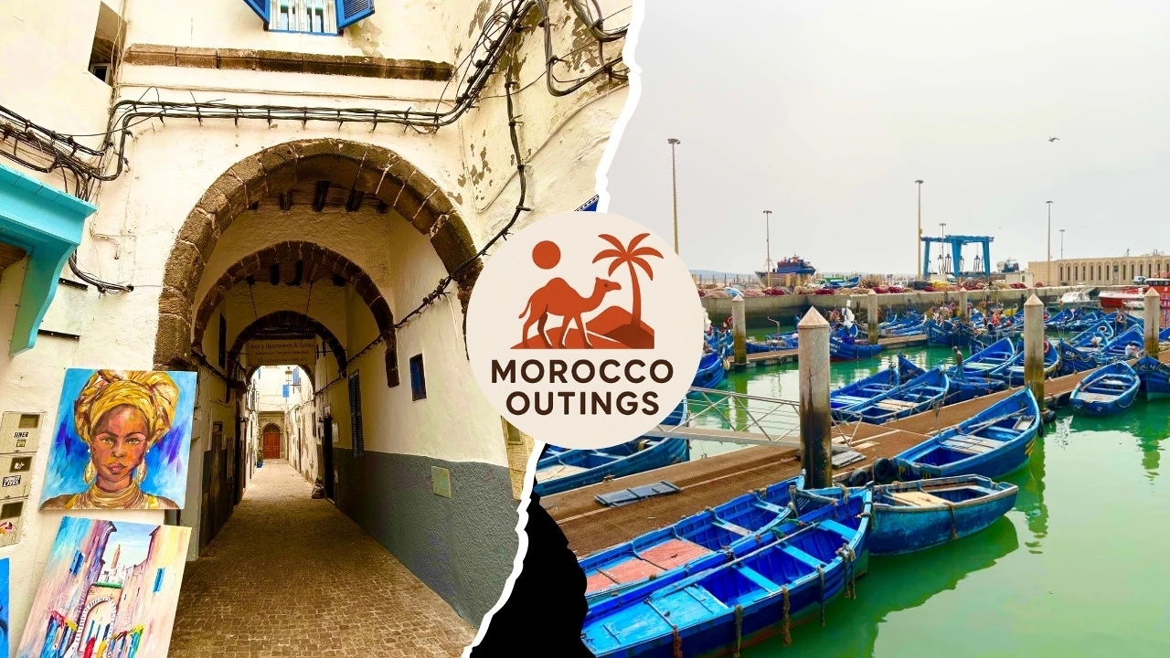 Split image of Essaouira medina archway with street art and the harbor packed with blue boats, Morocco.