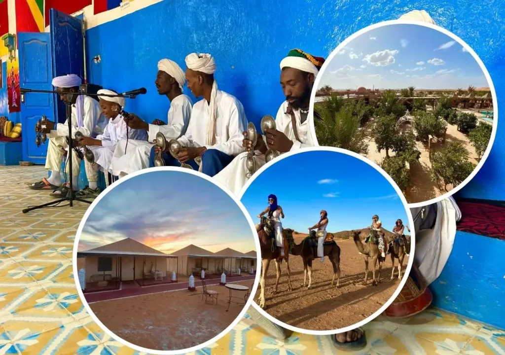 Collage of Gnawa musicians in Khamlia, luxury Sahara tents at sunset, camel trek on Erg Chebbi dunes, and an oasis hotel garden with pool in Merzouga.