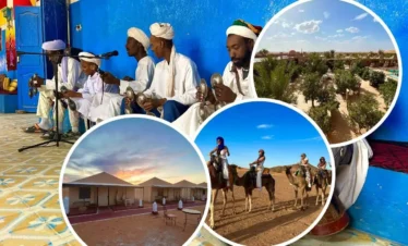Collage of Gnawa musicians in Khamlia, luxury Sahara tents at sunset, camel trek on Erg Chebbi dunes, and an oasis hotel garden with pool in Merzouga.