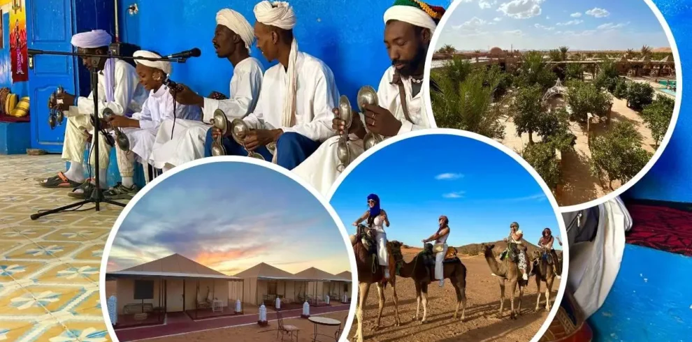 Collage of Gnawa musicians in Khamlia, luxury Sahara tents at sunset, camel trek on Erg Chebbi dunes, and an oasis hotel garden with pool in Merzouga.