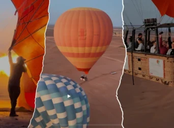 Marrakech hot air balloon collage—burner inflation, orange balloon over the desert, and smiling passengers in flight at sunrise.
