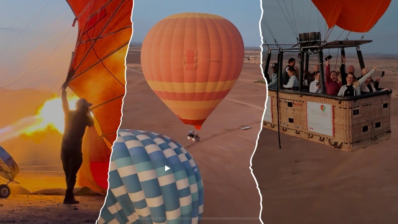 Marrakech hot air balloon collage—burner inflation, orange balloon over the desert, and smiling passengers in flight at sunrise.