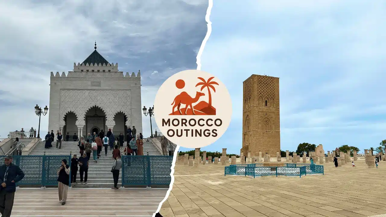 Split collage showing the Mausoleum of Mohammed V on one side and Hassan Tower on the other, with the Morocco Outings logo centered.