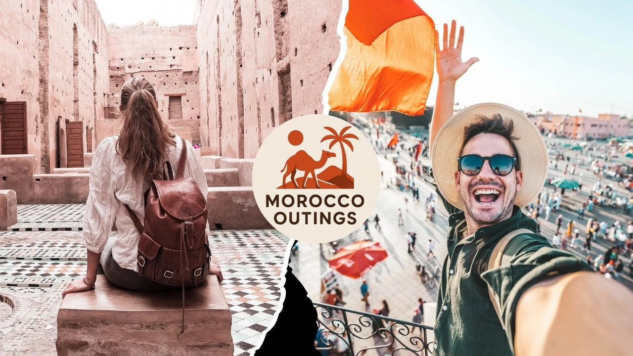 A traveler sits inside the sun-washed ruins of an old Marrakech palace while, on the right, a happy visitor waves a Moroccan flag above Jemaa el-Fnaa square.