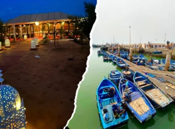 Split image: left, lantern-lit Sahara desert camp at night with white filigree lamps and a tent; right, daytime scene of Essaouira harbor packed with blue wooden fishing boats and gulls overhead.
