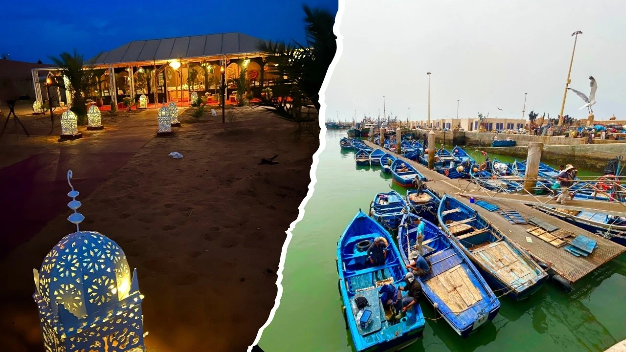 Split image: left, lantern-lit Sahara desert camp at night with white filigree lamps and a tent; right, daytime scene of Essaouira harbor packed with blue wooden fishing boats and gulls overhead.
