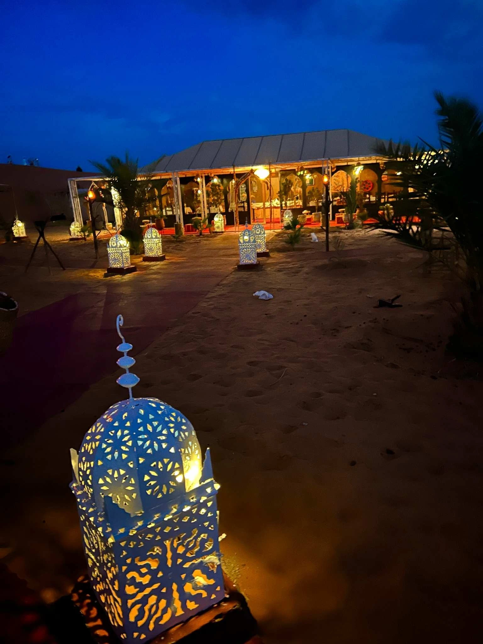 Desert camp at night (Merzouga). Lantern-lit Sahara camp with palms and a dining tent glows warmly under a deep indigo sky—and travelers can experience it with confidence in Morocco’s tourist-friendly environment. knowing that safety measures ensure your visit is smooth and enjoyable.