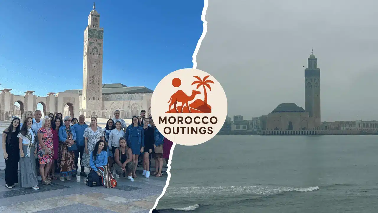 Large group of travelers posing in front of the Hassan II Mosque during a guided Casablanca city tour, useful for planning trip length.