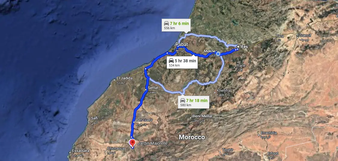 Google Maps screenshot showing driving routes from Fes to Marrakech.